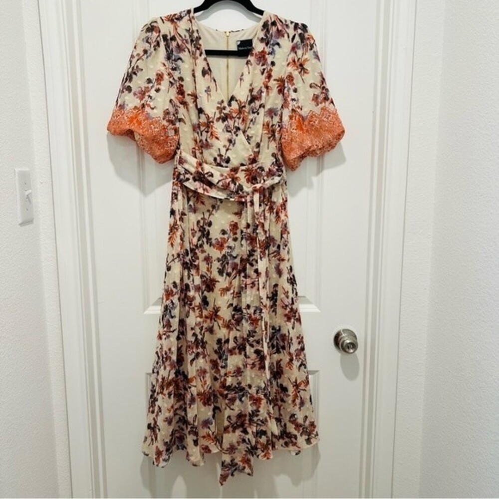 Maison Tara V-Neck Wrap Front Midi Dress Puffed Sleeves in Women's Size Small
